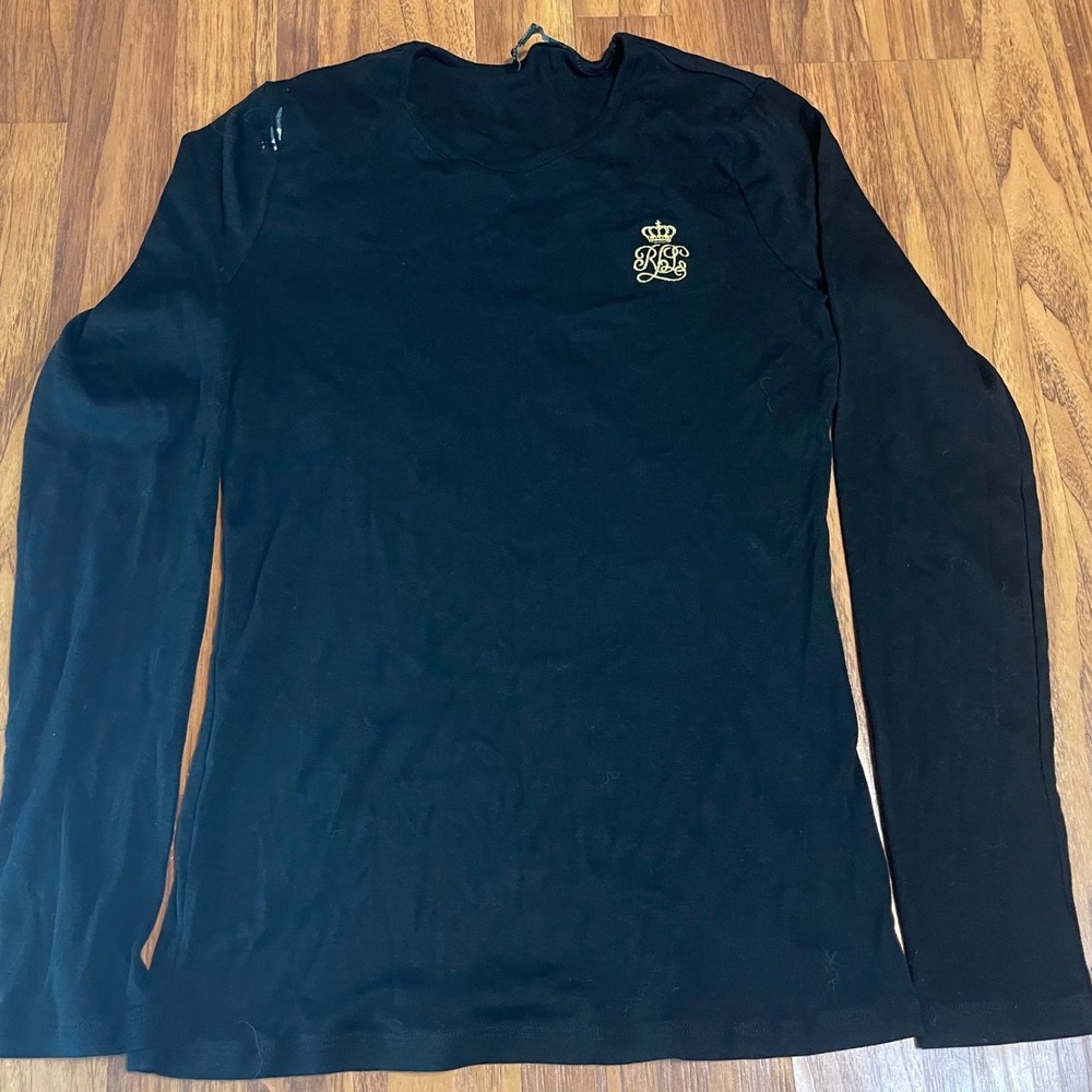Lauren Ralph Lauren Shirt Womens Large Black Long Sleeve Cotton Gold Crest Logo